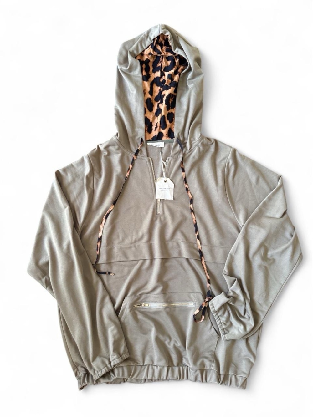 Olive Green Hooded Pullover Sweater with Leopard Trim